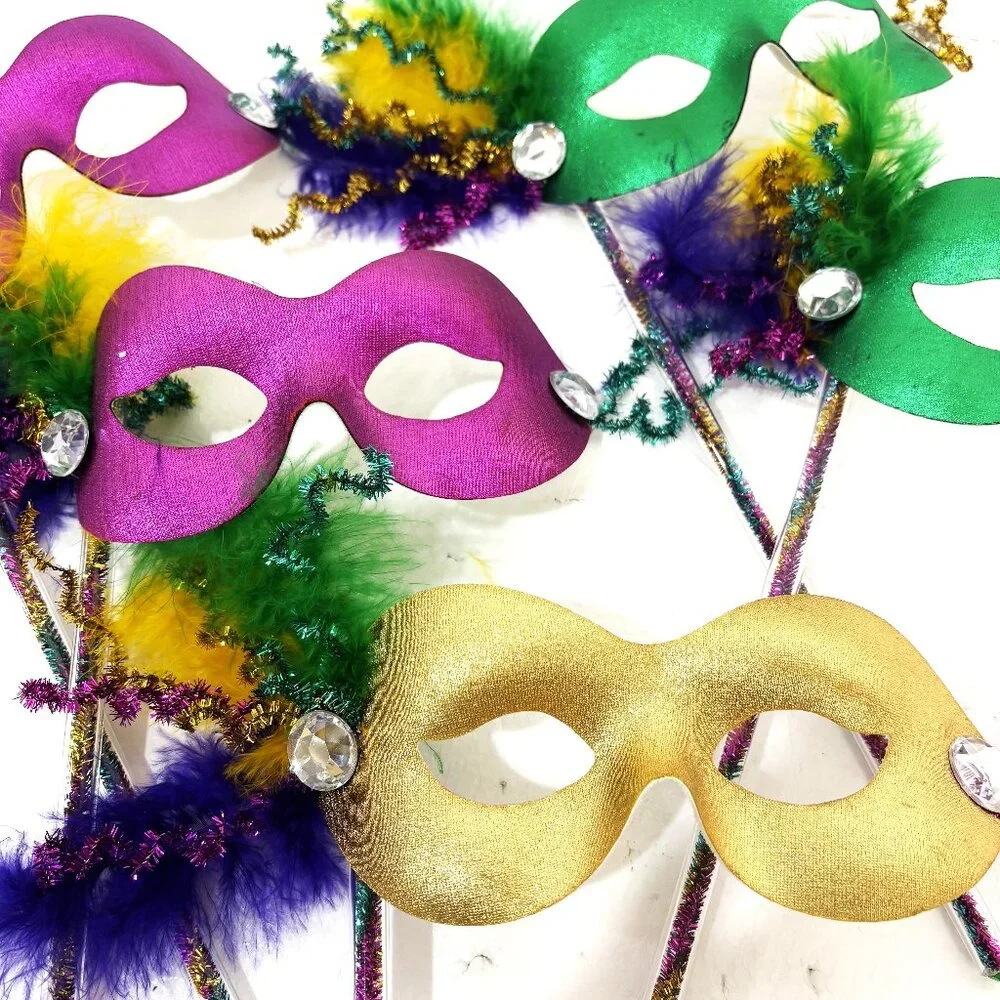 Mardi Gras Masks Set of 5 Colorful Harlequin on Sticks NWT NOS